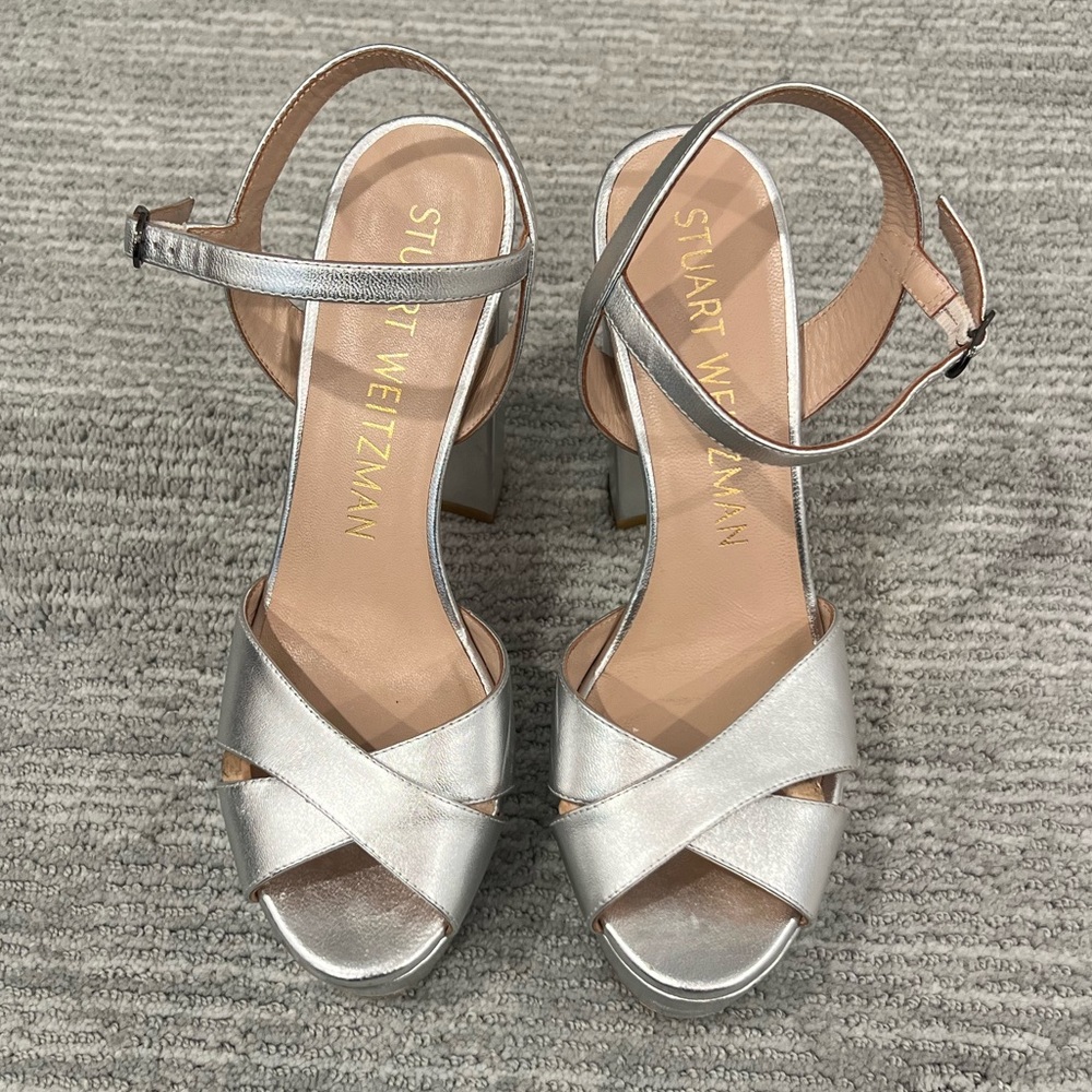 Stuart Weitzman Silver Heels with Metallic Straps